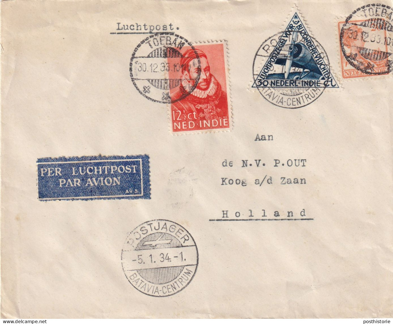 Envelop 5 Jan 1934 Postjager Batavia  Van Toeban (langebalk) Via Amsterdam 11 Jan 1934 Naar Koog Ad Zaan - Airmail