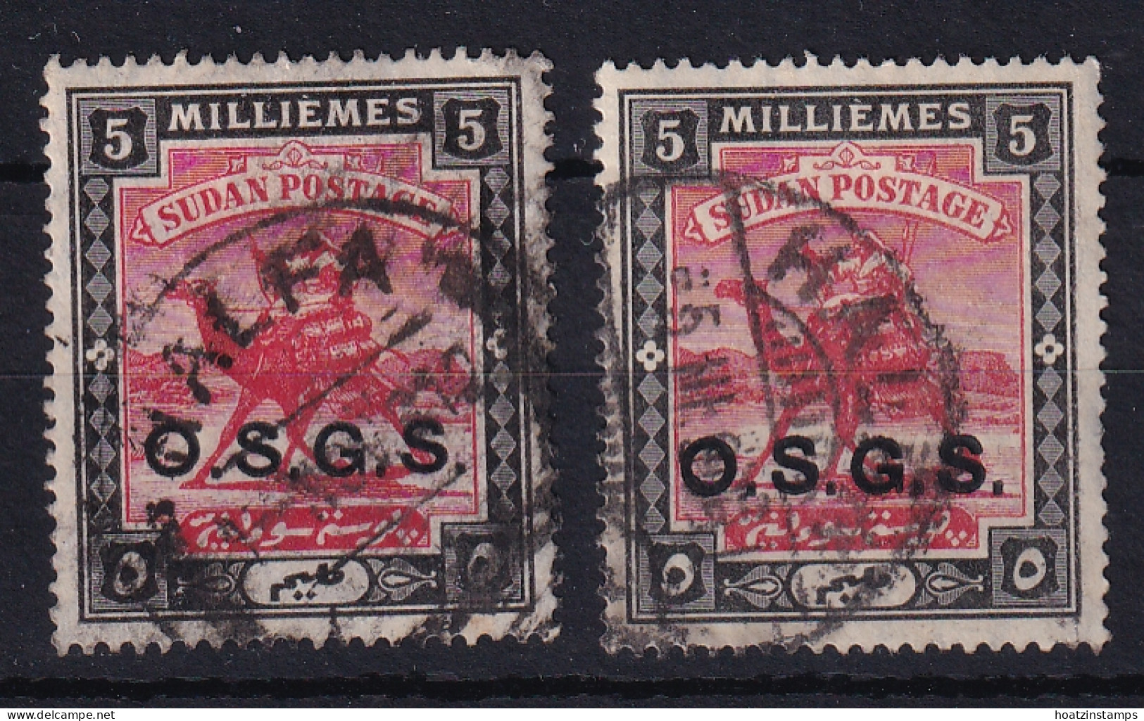 Sdn: 1903/12   Official - Arab Postman 'O.S.G.S.' OVPT  SG O7   5m   Used (x2) - Soudan (...-1951)