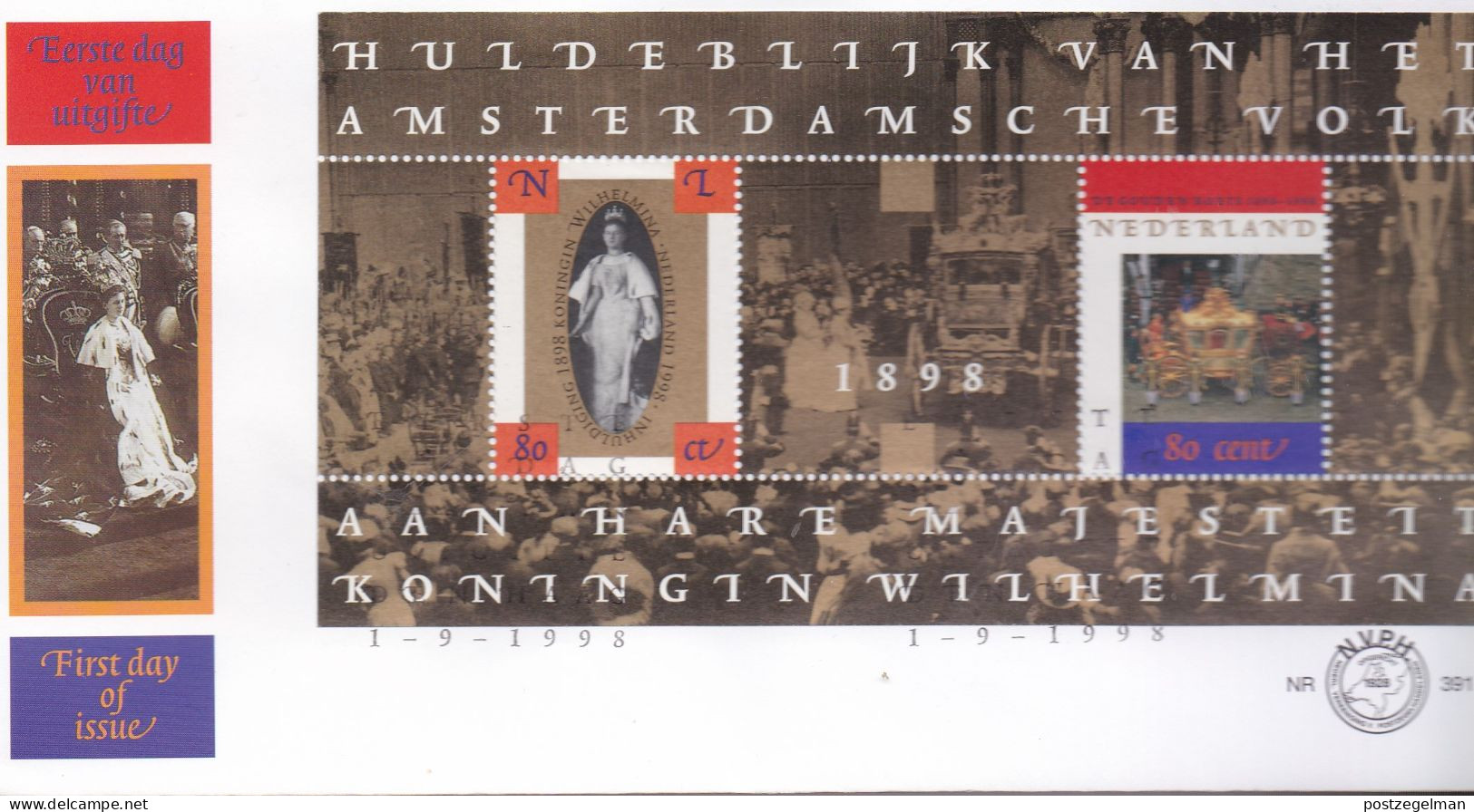 NEDERLAND, 1998, FDC E391, Golden Coach Block,  Scan F2120 - Briefe U. Dokumente