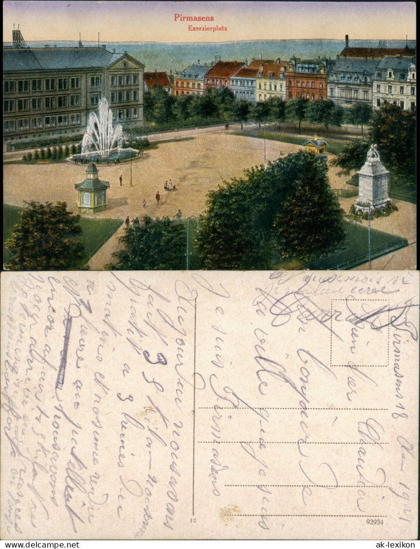 Pirmasens Color Ansicht Vom Exerzierplatz, Denkmal, Wasserspiele 1921 - Pirmasens