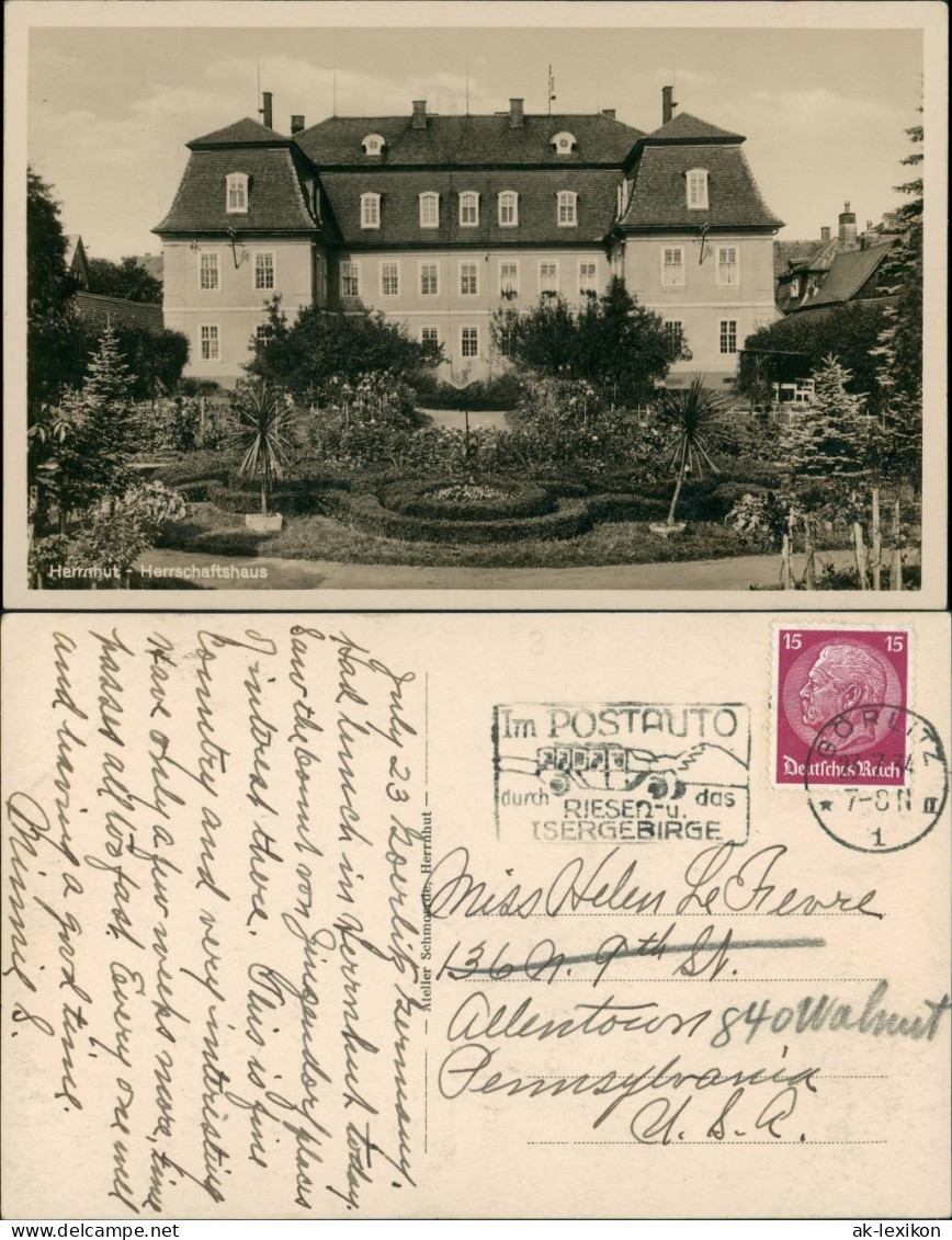 Ansichtskarte Herrnhut Herrschaftsgarten Herrschaftshaus Gebäude 1934 - Herrnhut