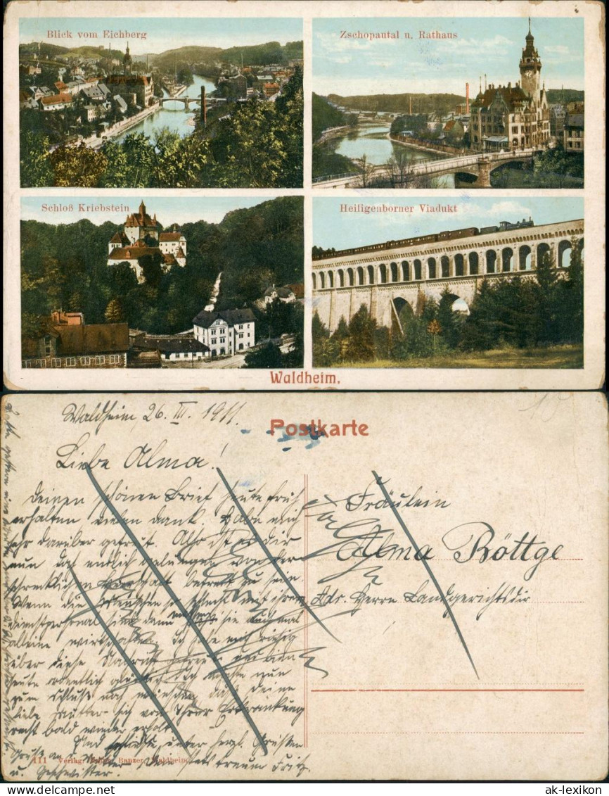 Ansichtskarte Waldheim (Sachsen) Kriebstein, Viadukt, Rathaus, Eichberg 1911 - Waldheim