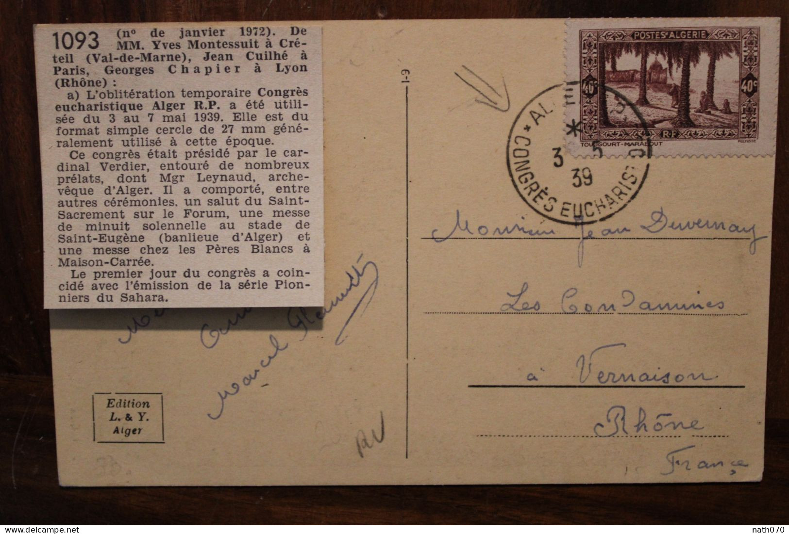 Ak CPA 1939 Congrès Eucharistique France Algérie Alger Amirauté France Vernaison Religion - Storia Postale