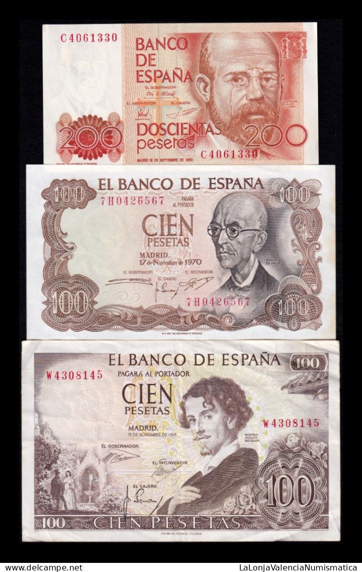 España Spain Set 3 Billetes 200 100 Pesetas 1965-1980 Pick 150 152 156 Mbc Vf - Other & Unclassified