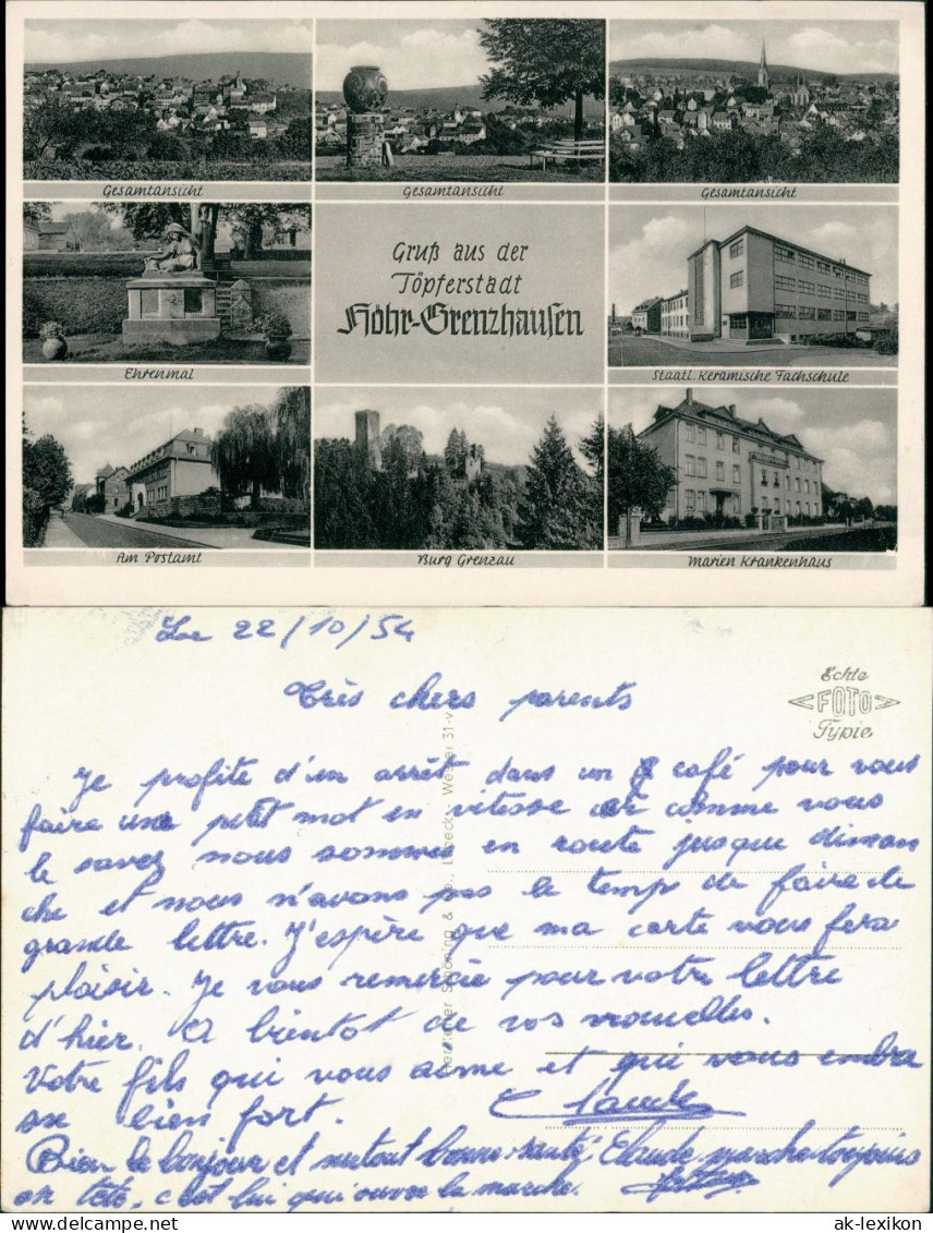 Ansichtskarte Höhr-Grenzhausen MB: Stadt, Fachschule, Ehrenmal Etc. 1954 - Hoehr-Grenzhausen
