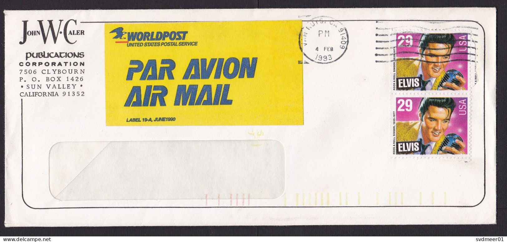 USA: Airmail Cover, 1993, 2 Stamps, Elvis Presley, Singer, Music, Uncommon Large Air Label Worldpost (traces Of Use) - Storia Postale