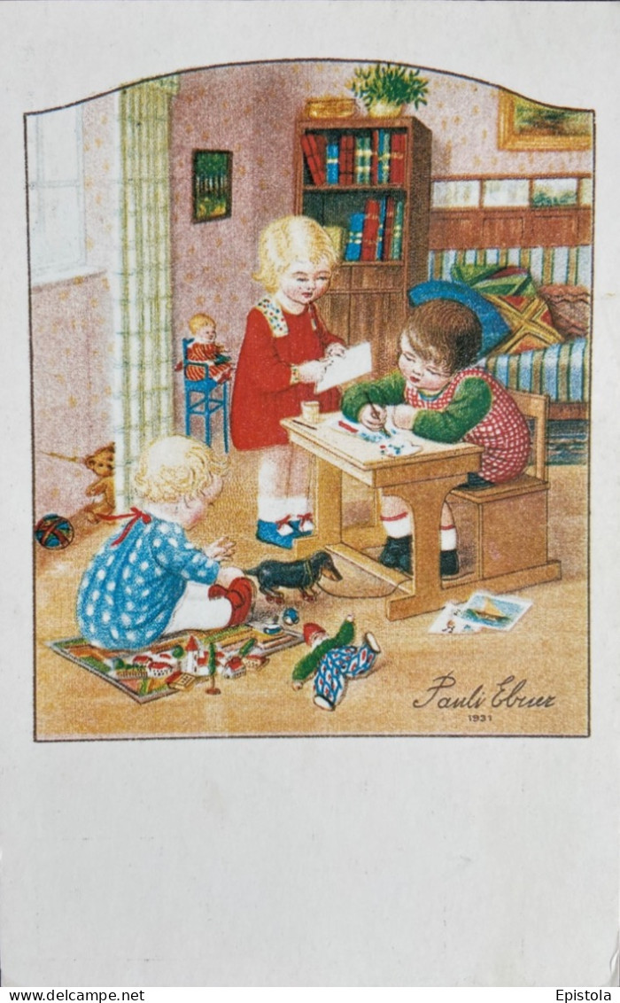 Reproduction Illustration Ebner   Enfants Jeux De La Maitresse Table écolier Chien Teckel - Scuole