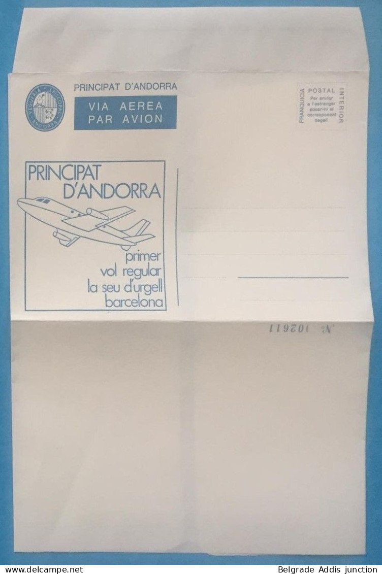 Andorra Viguerie Andorre Aérogramme Neuf Mint 1982 Primer Vol Regular Barcelona - Vicariato Episcopale