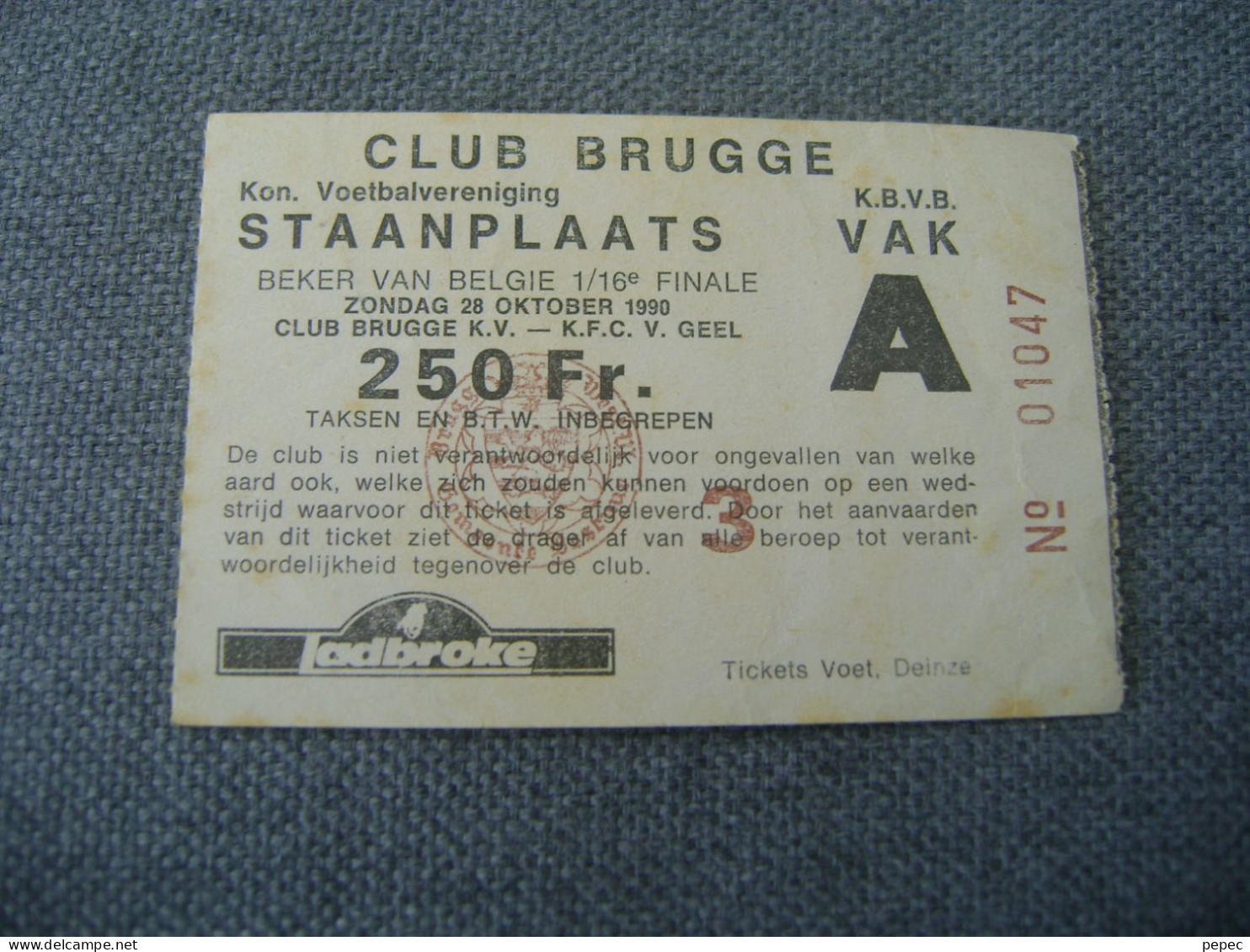 TICKET CLUB BRUGGE - V. GEEL  Beker Van Belgie  28/10/1990 - Biglietti D'ingresso