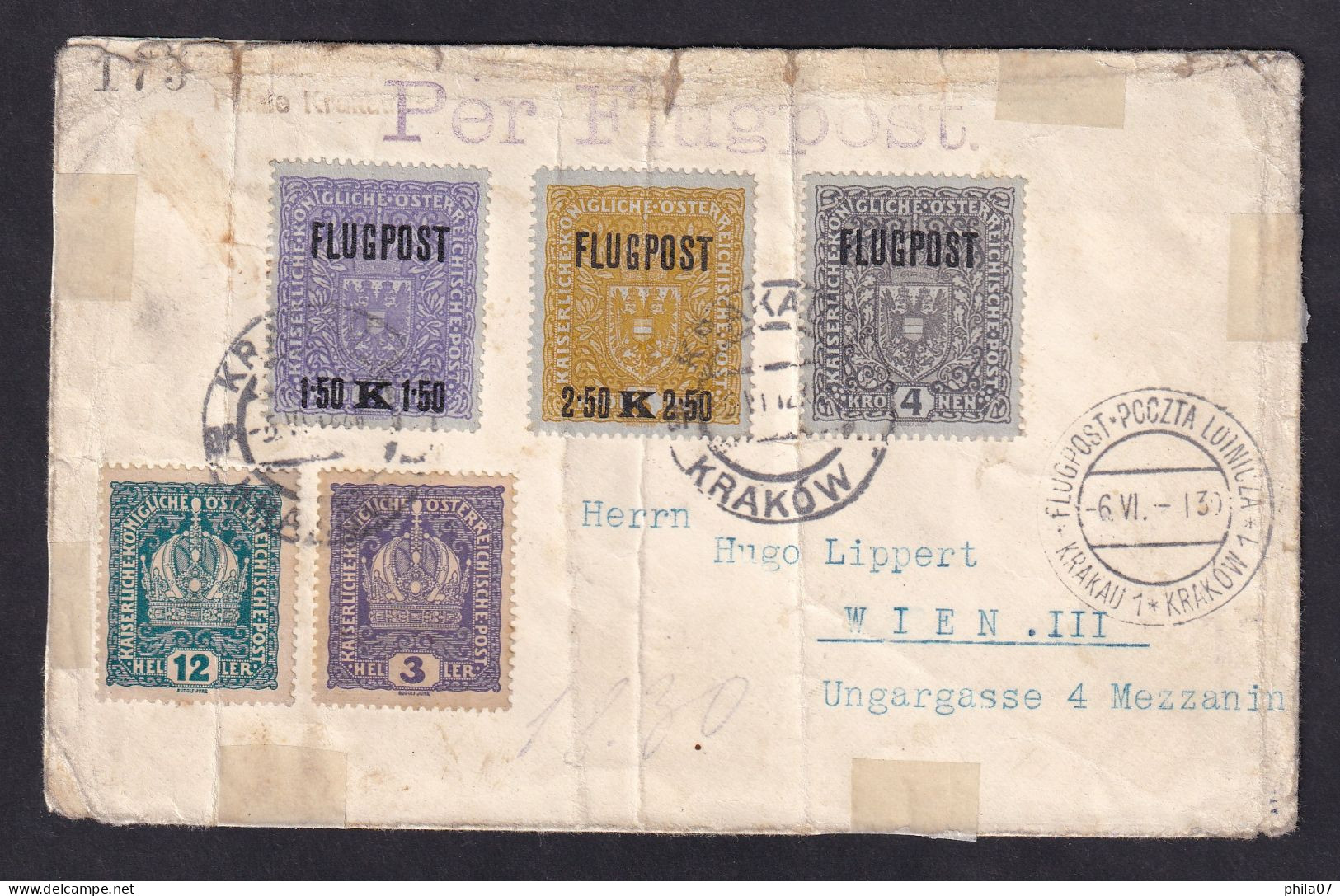 AUSTRIA - Letter Sent By Airmail From Krakow To Wien 06.06.1915. Rare Envelope And In Poorer Quality. / 2 Scans - Briefe U. Dokumente