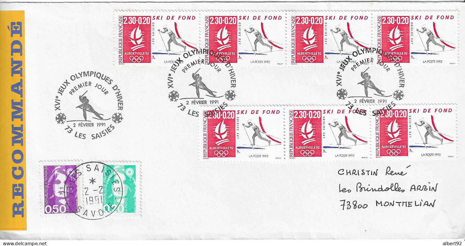 1991 Jeux Olympiques D'Hiver D'Albertville 1992: Site De  Les Saisies: Ski De Fond; Lettre PJ Recommandée - Inverno1992: Albertville