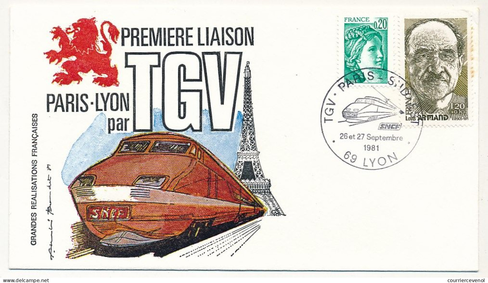 Env Illustrée Affr 1,20F Louis Armand +0,20 Marianne - Mise En Service Commercial TGV Paris Sud-Est - LYON 26-27/9/1961 - Trains