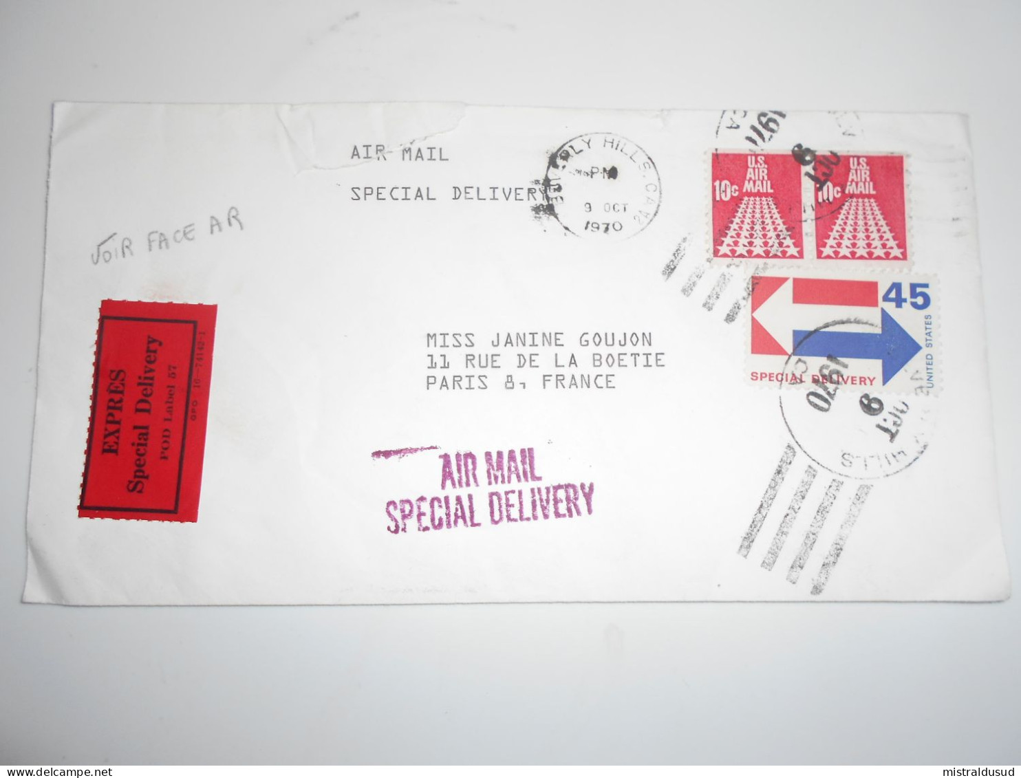 Etats-unis , Lettre Special Delivery De Beverly Hills 1970 Pour Paris - Covers & Documents