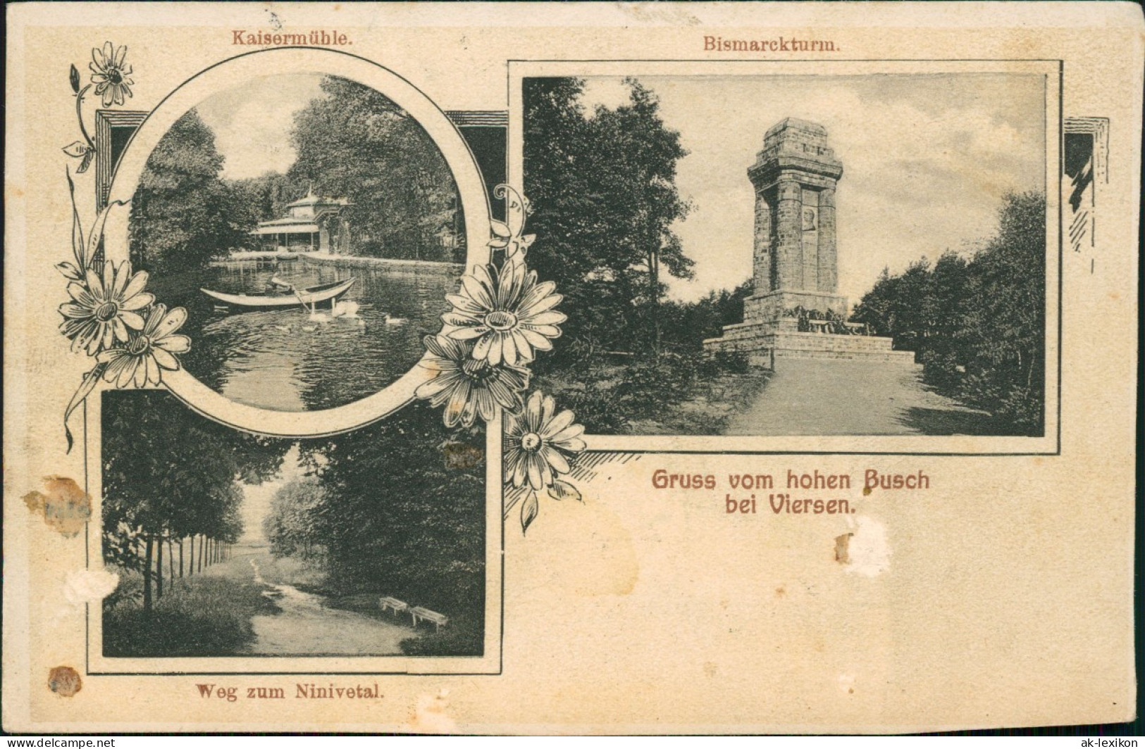 Ansichtskarte Viersen 3 Bild: Kaisermühle, Bismarckturm, Ninivetal 1905 - Viersen