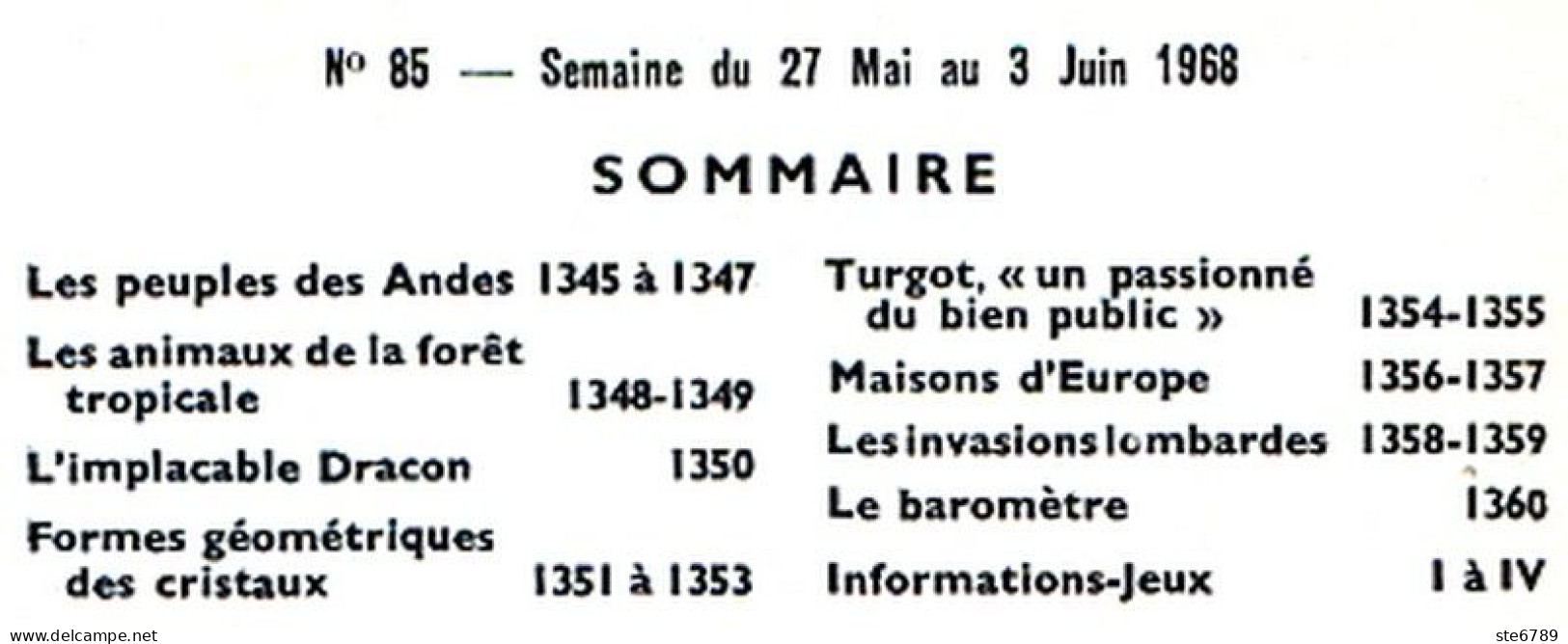 Tout L'univers 1968 N° 85 Peuples Andes , Animaux Foret Tropicale , Dracon , Turgot , Maisons D'Europe , Le Barome - Informations Générales