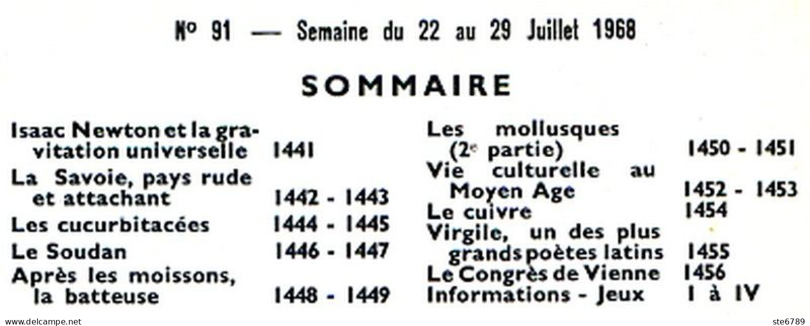 Tout L'univers 1968 N° 91 Isaac Nexton Gravité , La Savoie , Le Soudan , Les Mollusques , Le Cuivre , Virgile - Allgemeine Literatur