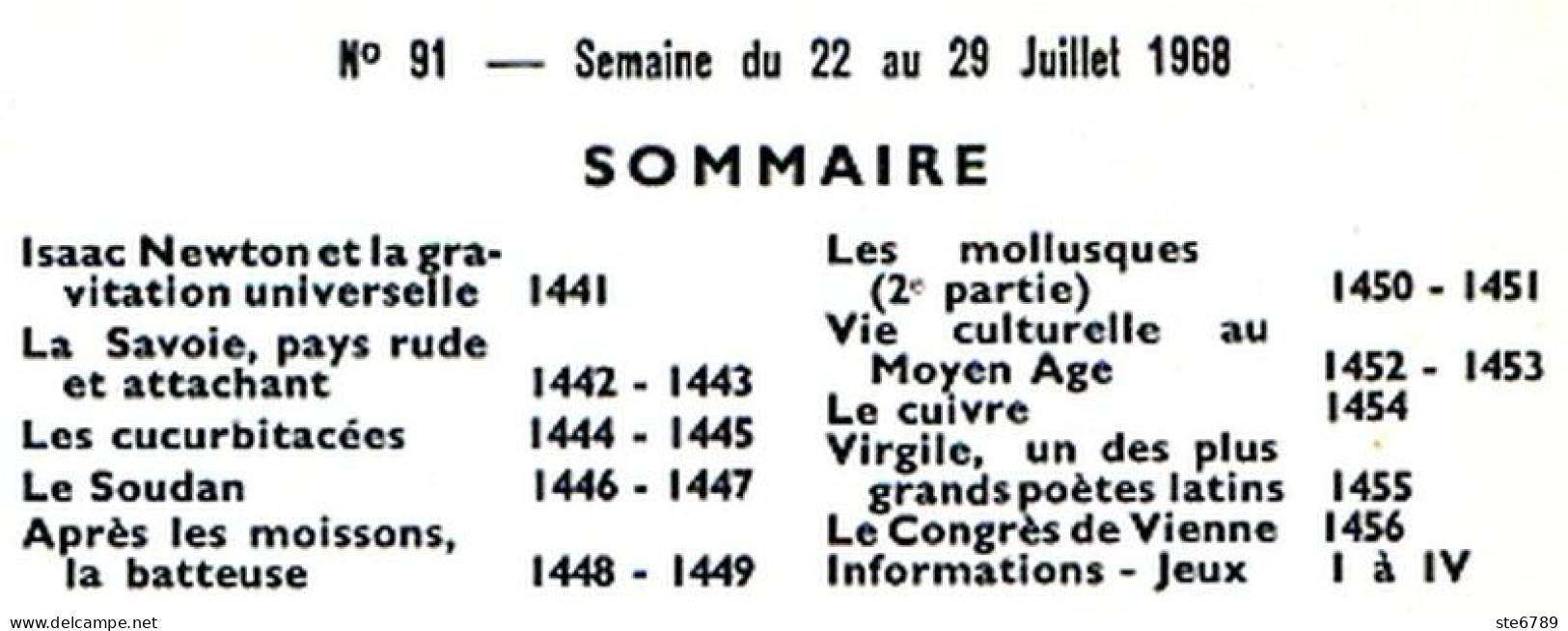 Tout L'univers 1968 N° 91 Isaac Nexton Gravité , La Savoie , Le Soudan , Les Mollusques , Le Cuivre , Virgile - General Issues