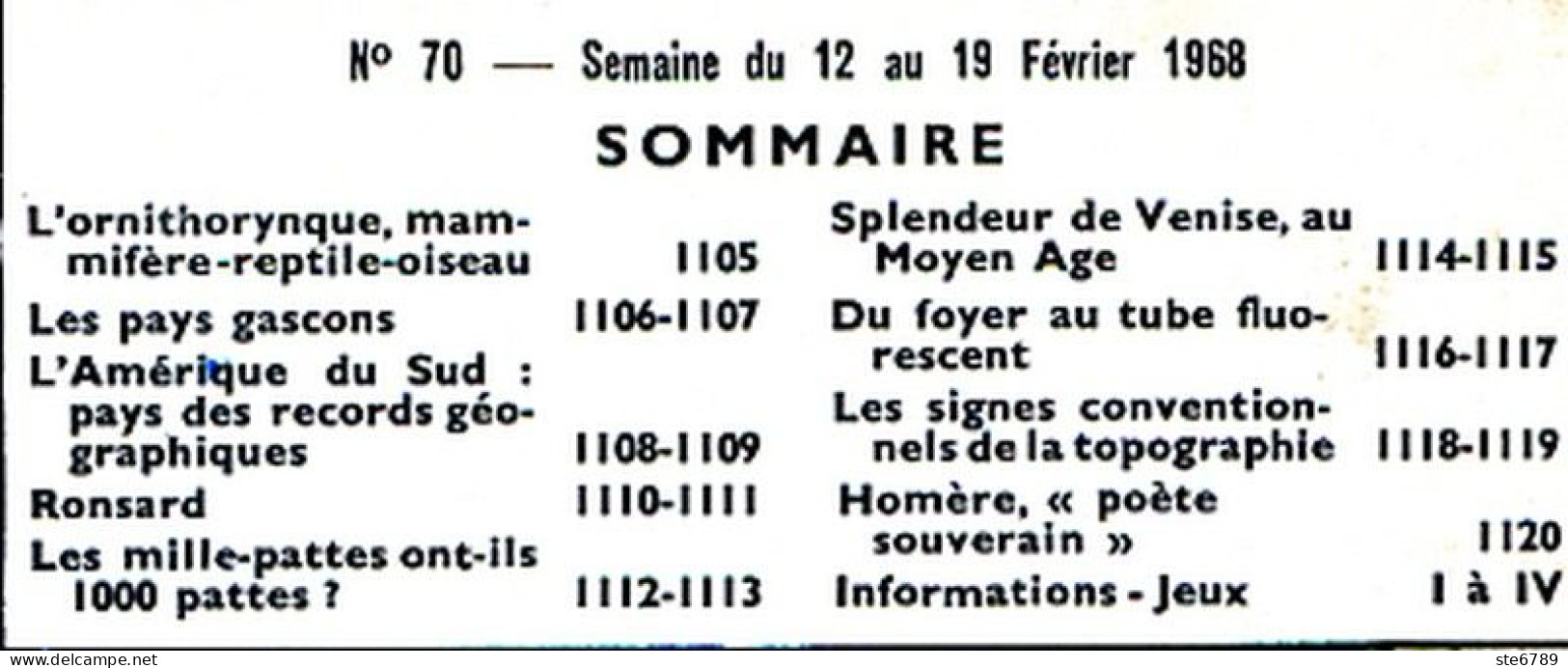 Tout L'univers 1968 N° 70 Ornithorynque , Pays Gascons , Ronsard , Mille Pattes , Venise Moyen Age , Homère - Informations Générales