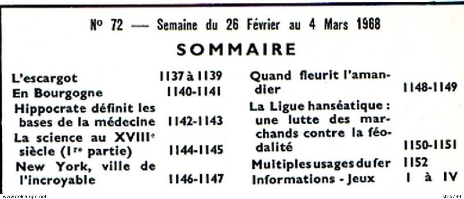 Tout L'univers 1968 N° 72 Escargot , En Bourgogne , Hippocrate , Science Au 18° , Ville New York , Amandier , Ligu - Algemene Informatie