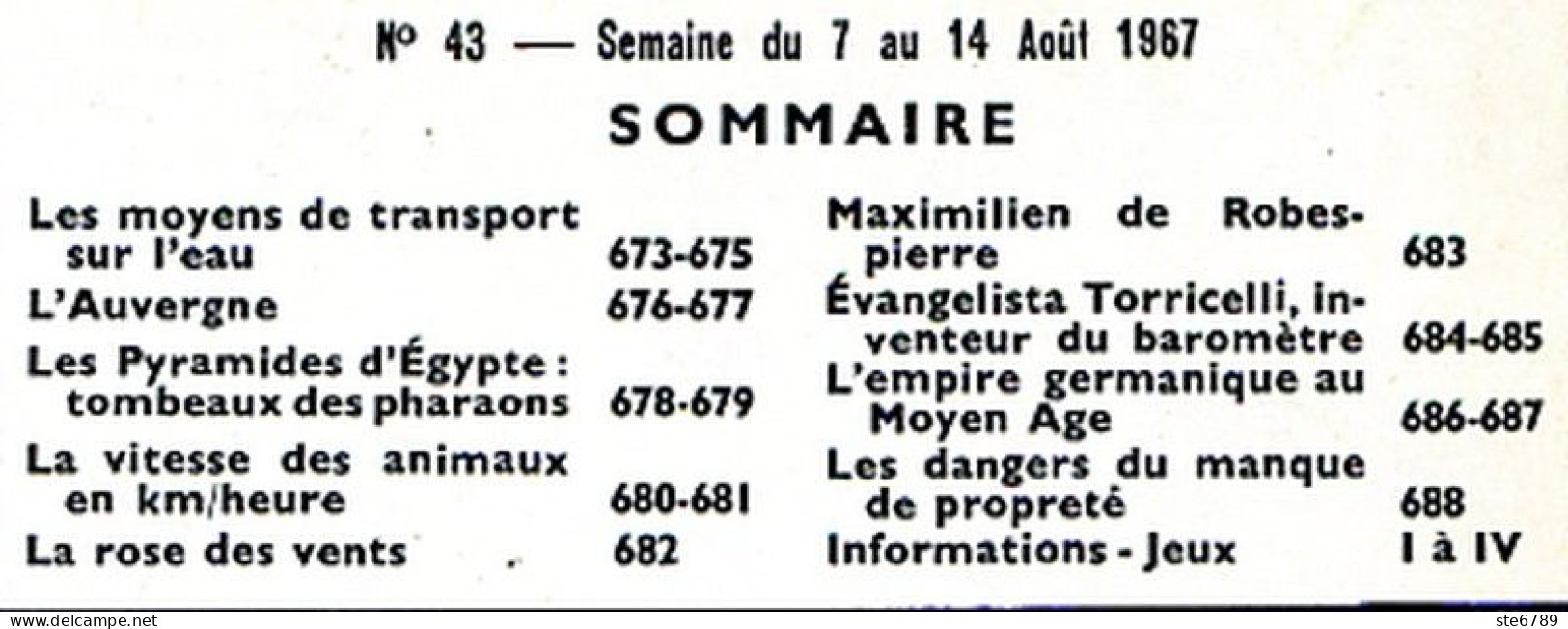 Tout L'univers 1967 N° 43 L' Auvergne , Pyramides Egypte , Vitesse Animaux , Torricelli Barometre , Rose Des - Informations Générales