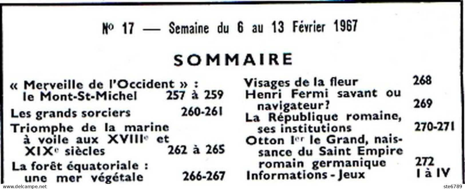 Tout L'univers 1967 N° 17 Le Mont Saint Michel , Grands Sorciers , Marine A Voile , Henri Fermi , Foret Equatoriale - Informations Générales