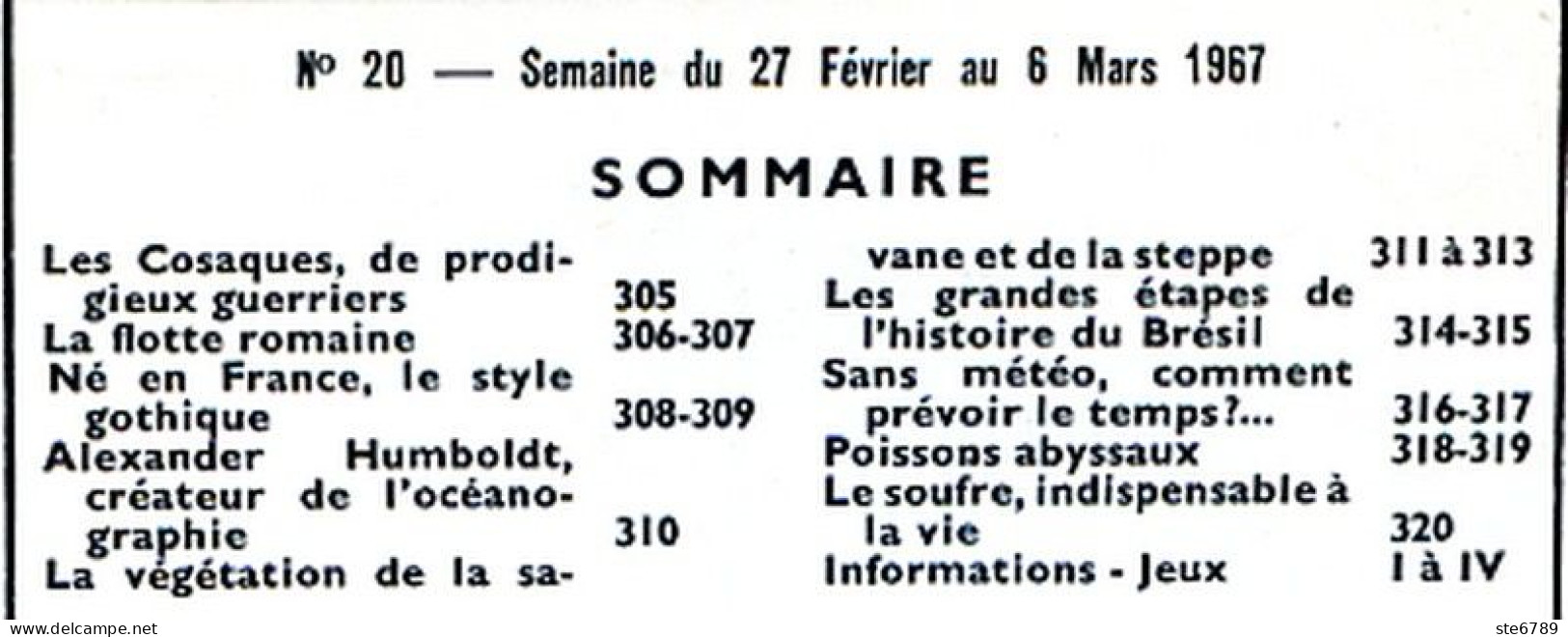 Tout L'univers 1967 N° 20 Cosaques , Flotte Romaine , Le Soufre , Poissons Abyssaux , Alexander Humboldt - Informations Générales