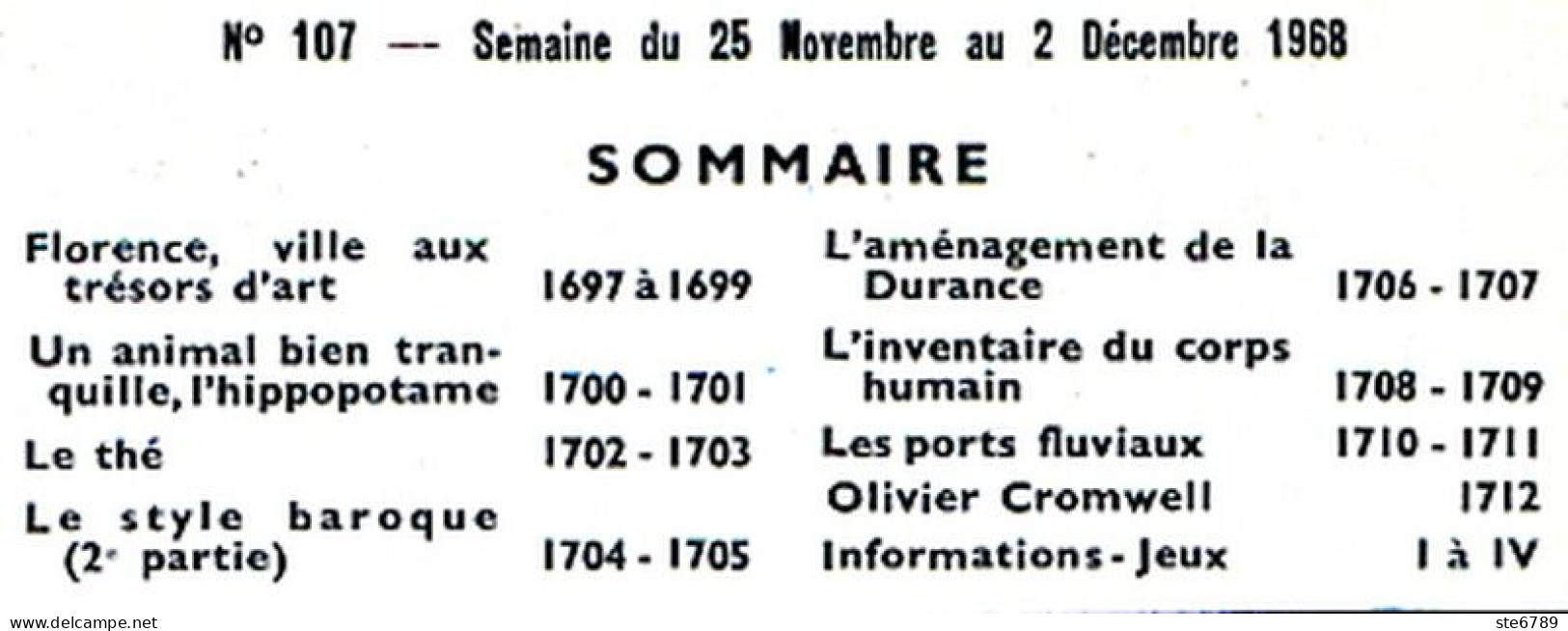 Tout L'univers 1968 N° 107 Florence , Hippopotame , Le Thé , Style Baroque , Durance , Ports Fluviaux , Olivier Cr - Informations Générales