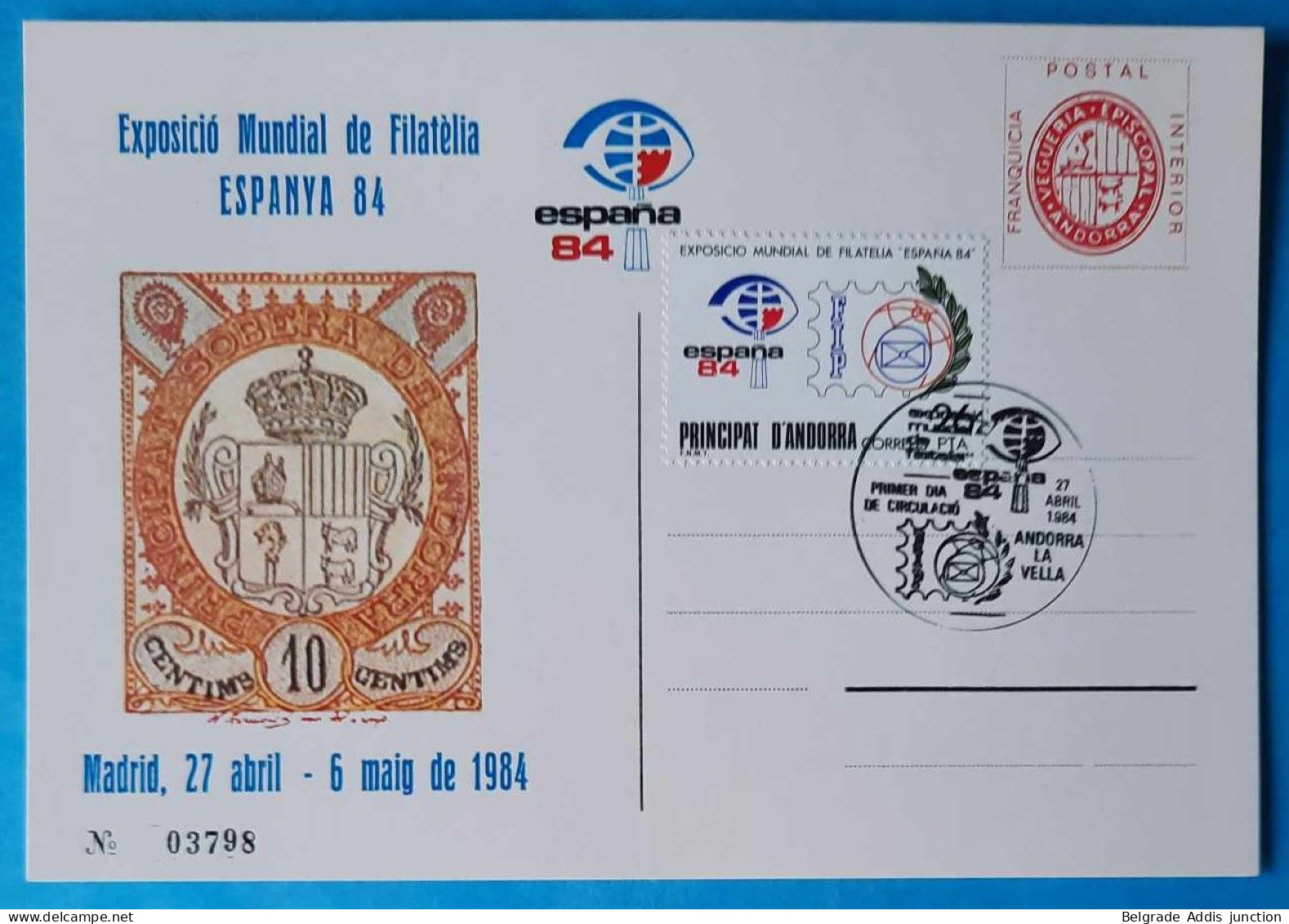 Andorra Viguerie Andorre Entier Postal Entero Avec Oblitération Premier Jour 1984 - Vegueria Episcopal