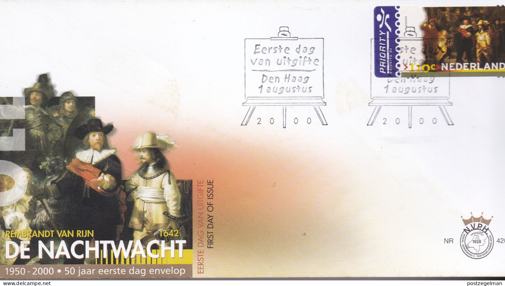 NEDERLAND, 2000, FDC E418, Night Watch Rembrandt,  Scan F2122 - Brieven En Documenten