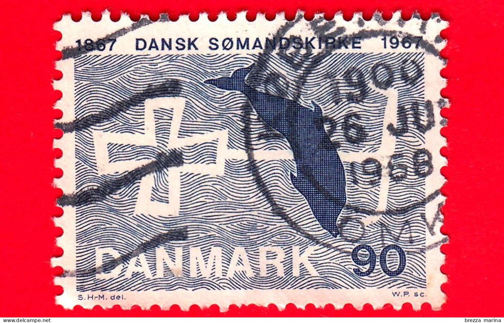 DANIMARCA - Usato - 1967 - Centenario Della Chiesa Dei Marinai Danesi - Croce Di Ancoraggio E Delfino Che Salta - 90 - Gebraucht