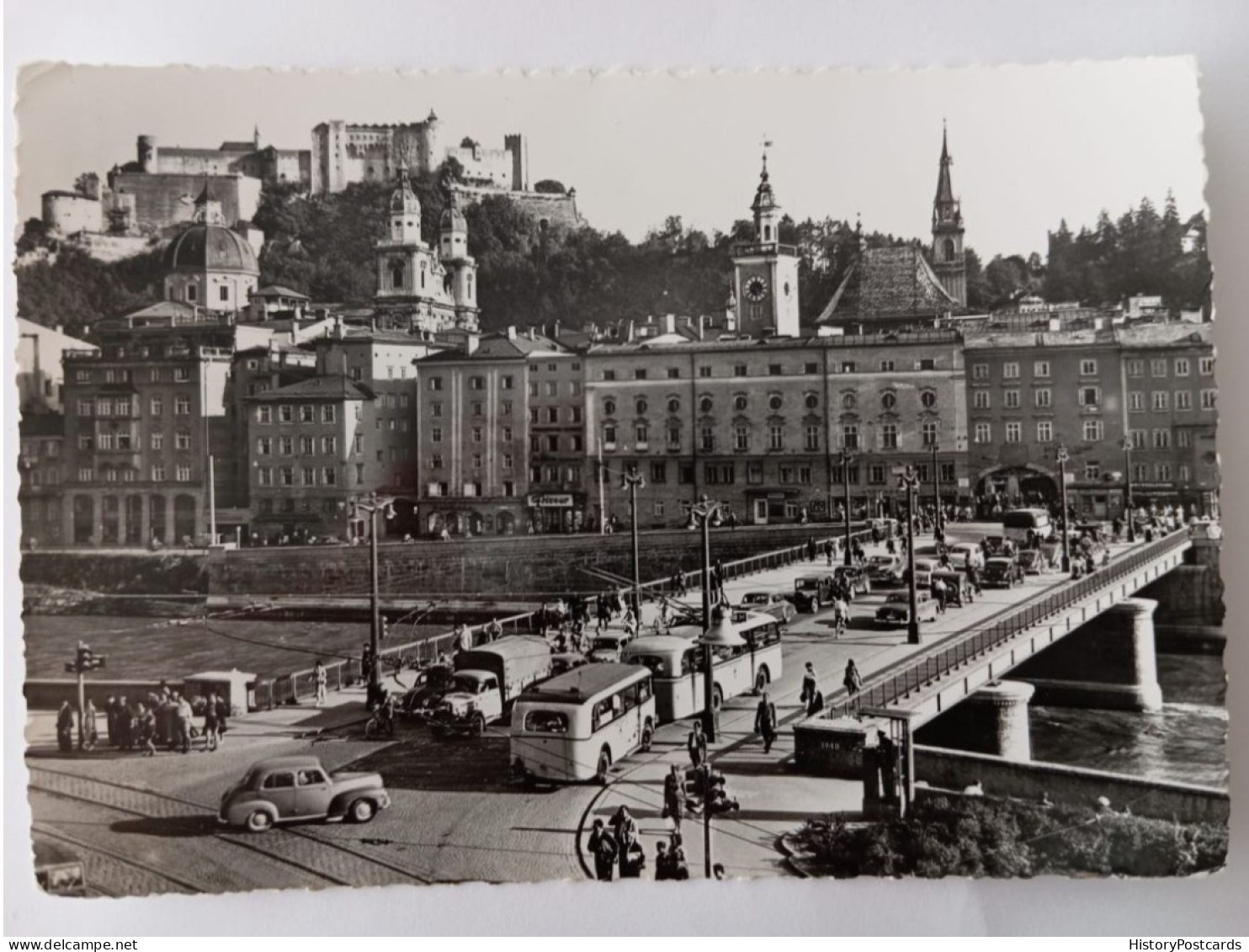 Salzburg, Staatsbrücke, Bus Mit Anhänger, LKW, Autos U.v.a., 1955 - Salzburg Stadt