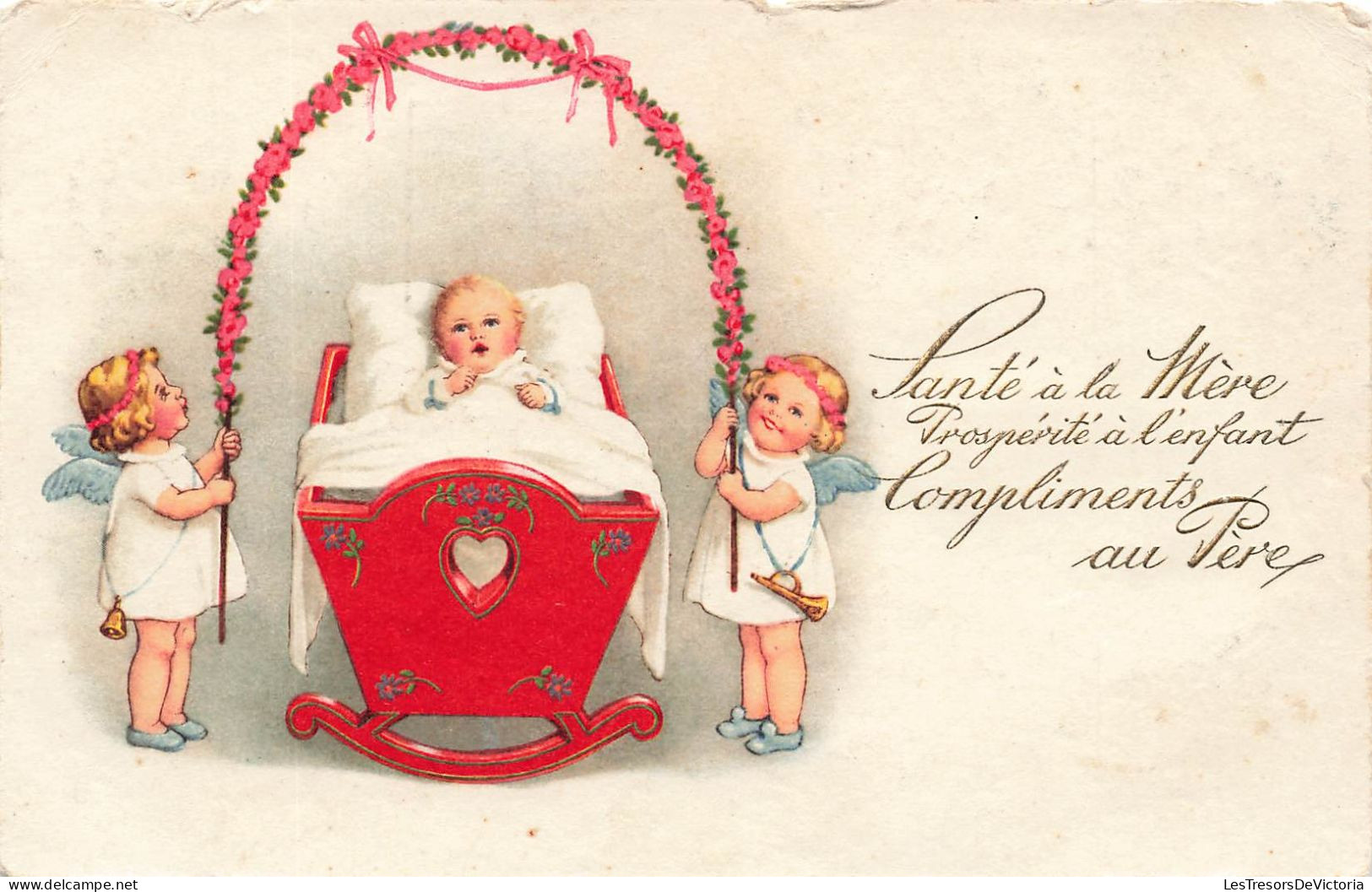 FANTAISIE - Bébé - Santé à La Mère Prospérité à L'enfant - Compliment Au Père - Berceau Anges - Carte Postale Ancienne - Bébés