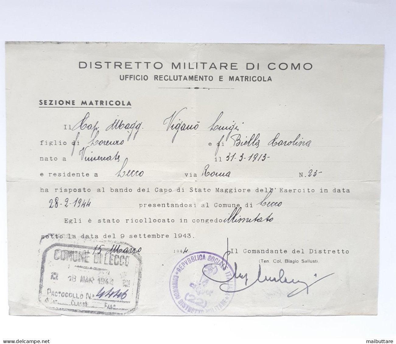 R.S.I Documento Distretto Militare Di Como Ufficio Reclutamento E Matricola - Documenti