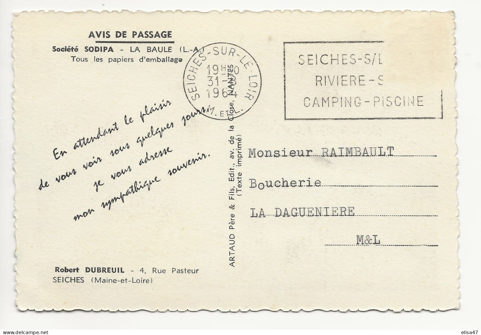 49  SECHE  SUR  LOIR   AVIS  DE  PASSAGE    ROBERT  DUBREUIL    4  RUE  PASTEUR    SOCIETE  SODIPA - Seiches Sur Le Loir