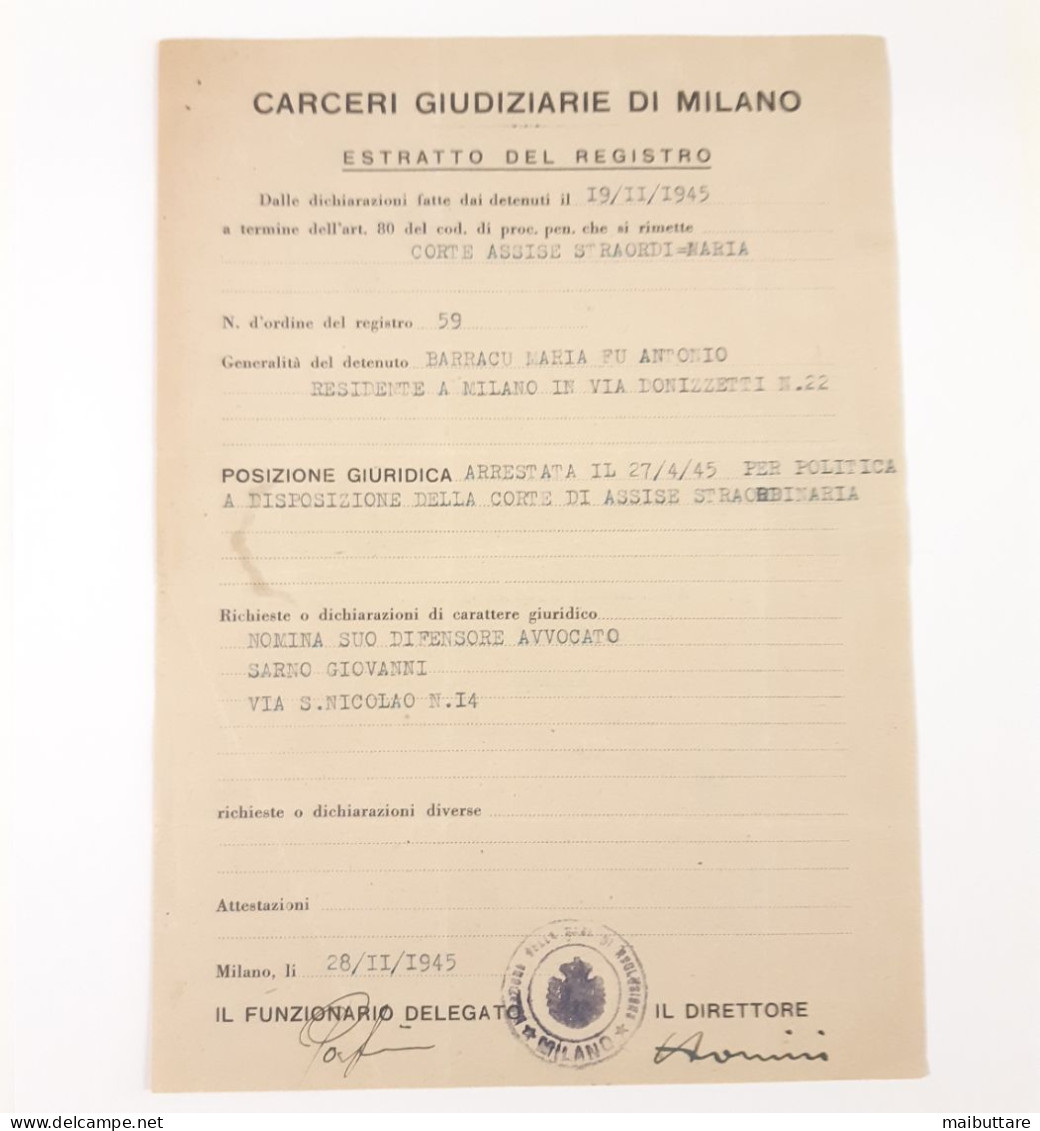 R.S.I. Documento Del 28 NOVEMBRE 1945 - Estratto Del Registro - Carceri Giudiziarie Di Milano Barracu Maria Fu Antonio - Documenti