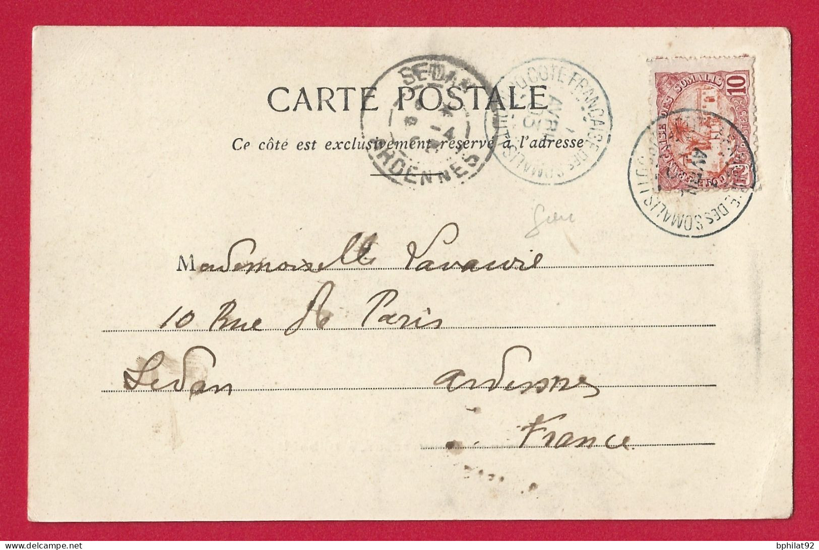 !!! CÔTE DES SOMALIS, CARTE POSTALE POUR LA FRANCE DE 1903 AVEC CACHET DE DJIBOUTI - Storia Postale