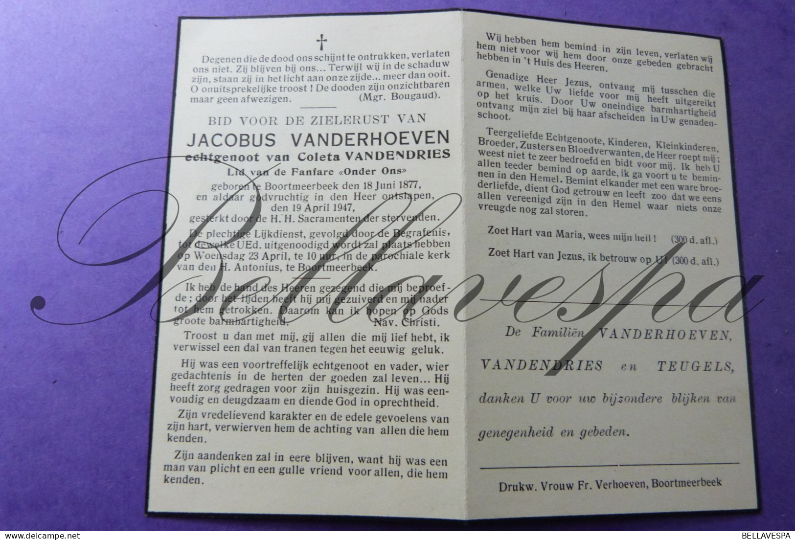 Jacobus VANDERHOEVEN Echt C. VANDENDRIES Boortmeerbeek 1877 -1947 Lid "Onder Ons" Fanfare - Esquela