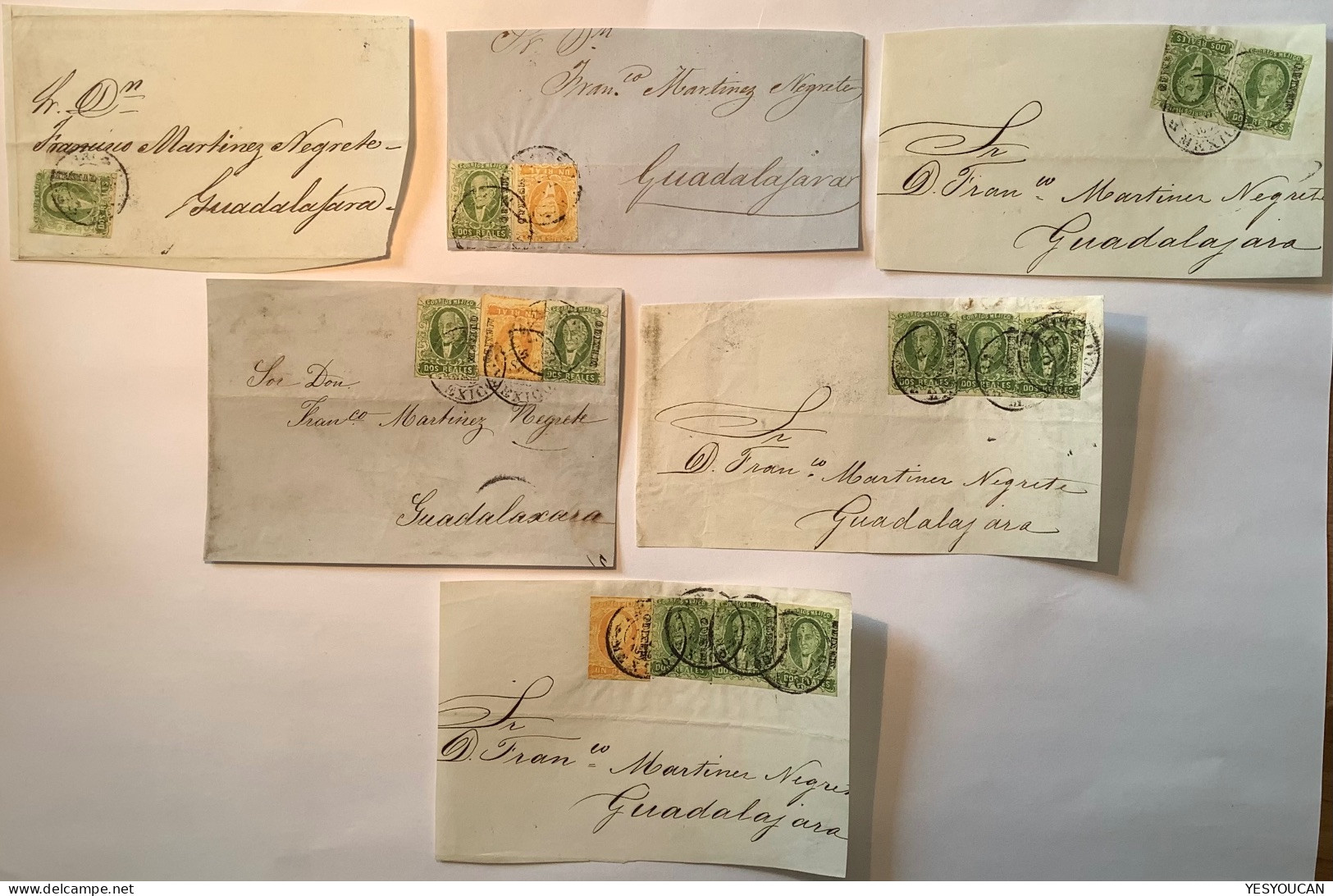 1856 Issue SIX DIFFERENT RATES ! All From Mexico To Martinez Negrete Guadalajara (cover Fronts Lettre - Mexico