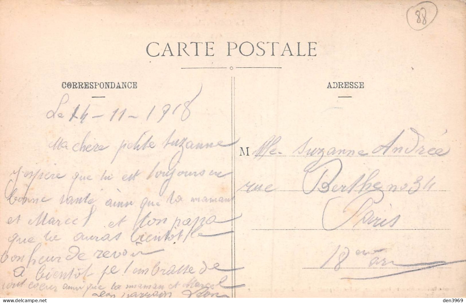 ANOULD (Vosges) - La Poste - La Guerre 1914-15 - Ecrit 1918 (2 Scans) Suzanne Andrée, 34 Rue Berthe, Paris 18e - Anould
