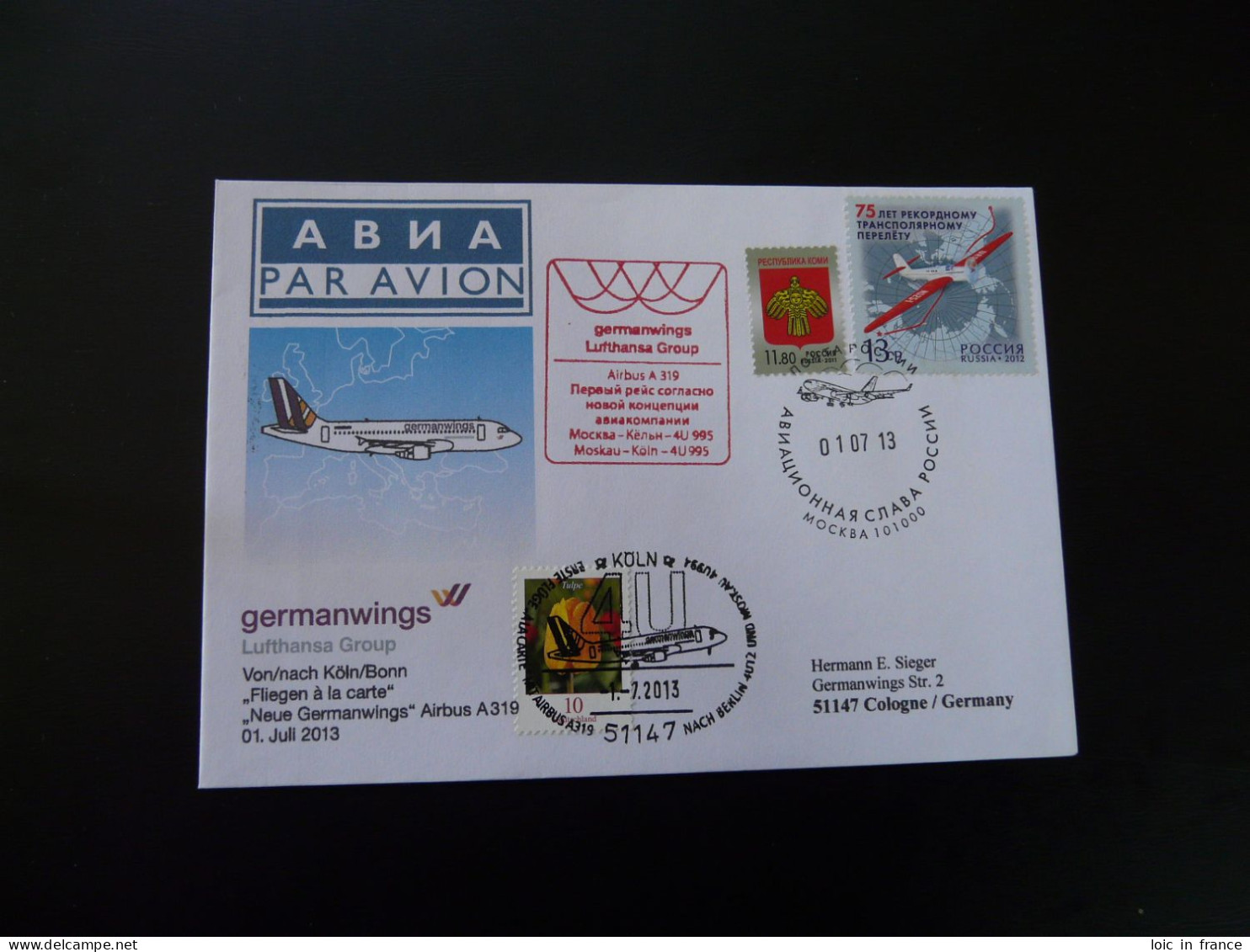 Lettre Premier Vol First Flight Cover Moscow Koln Airbus A319 Germanwings Lufthansa 2013 - Covers & Documents