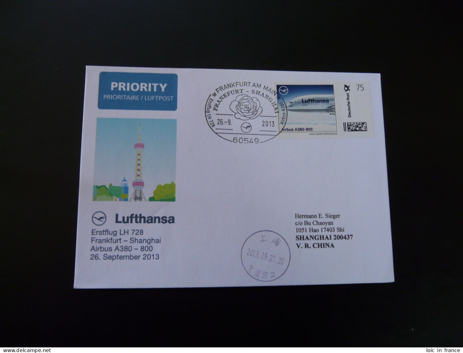 Lettre Premier Vol First Flight Cover Frankfurt To Shanghai China Airbus A380 Marke Individuell Lufthansa 2013 - Personnalized Stamps