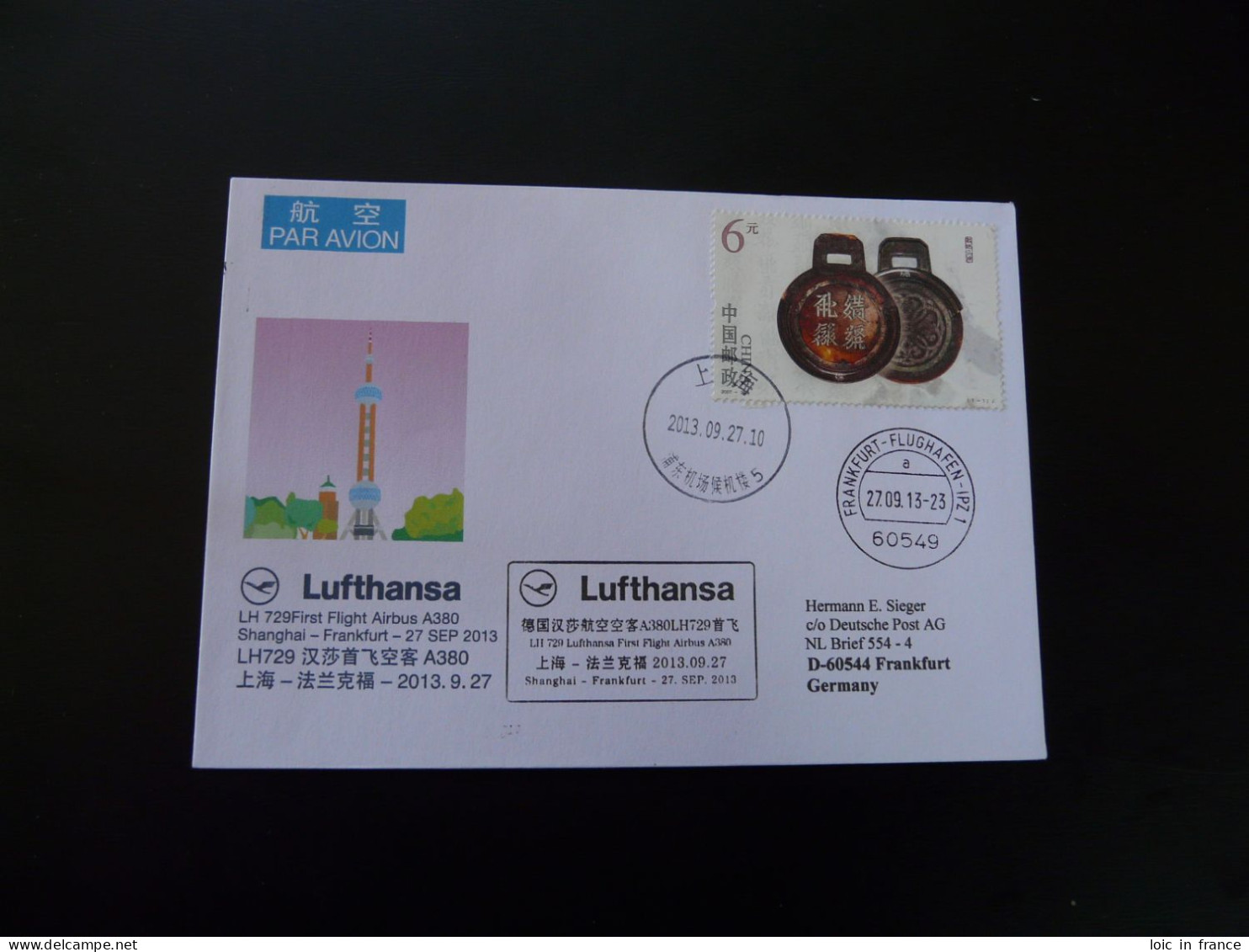 Lettre Premier Vol First Flight Cover Beijing China To Frankfurt Airbus A380 Lufthansa 2013 - Covers & Documents