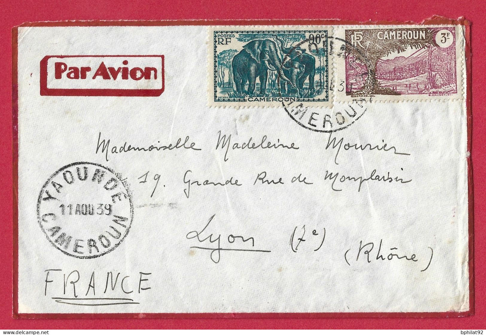 !!! CAMEROUN, LETTRE PAR AVION DE YAOUNDE POUR LYON DU 11 AOÛT 1939 - Poste Aérienne