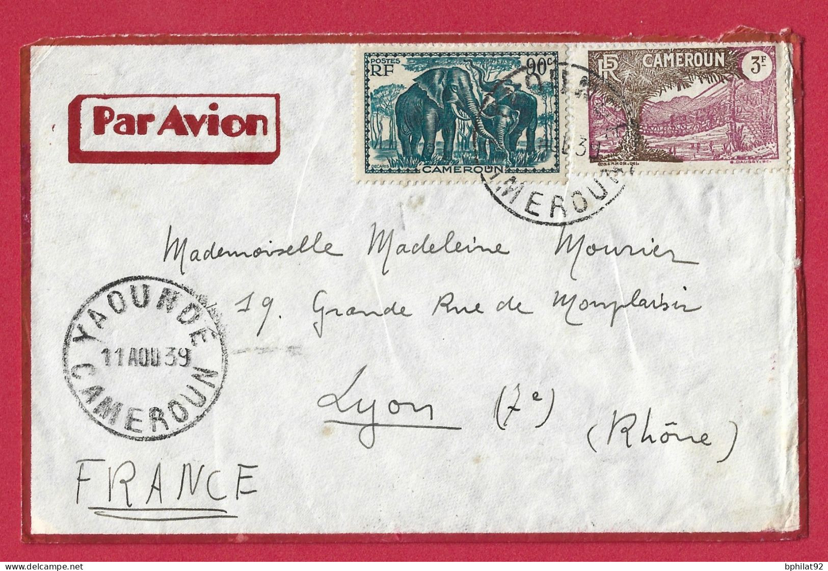 !!! CAMEROUN, LETTRE PAR AVION DE YAOUNDE POUR LYON DU 11 AOÛT 1939 - Posta Aerea