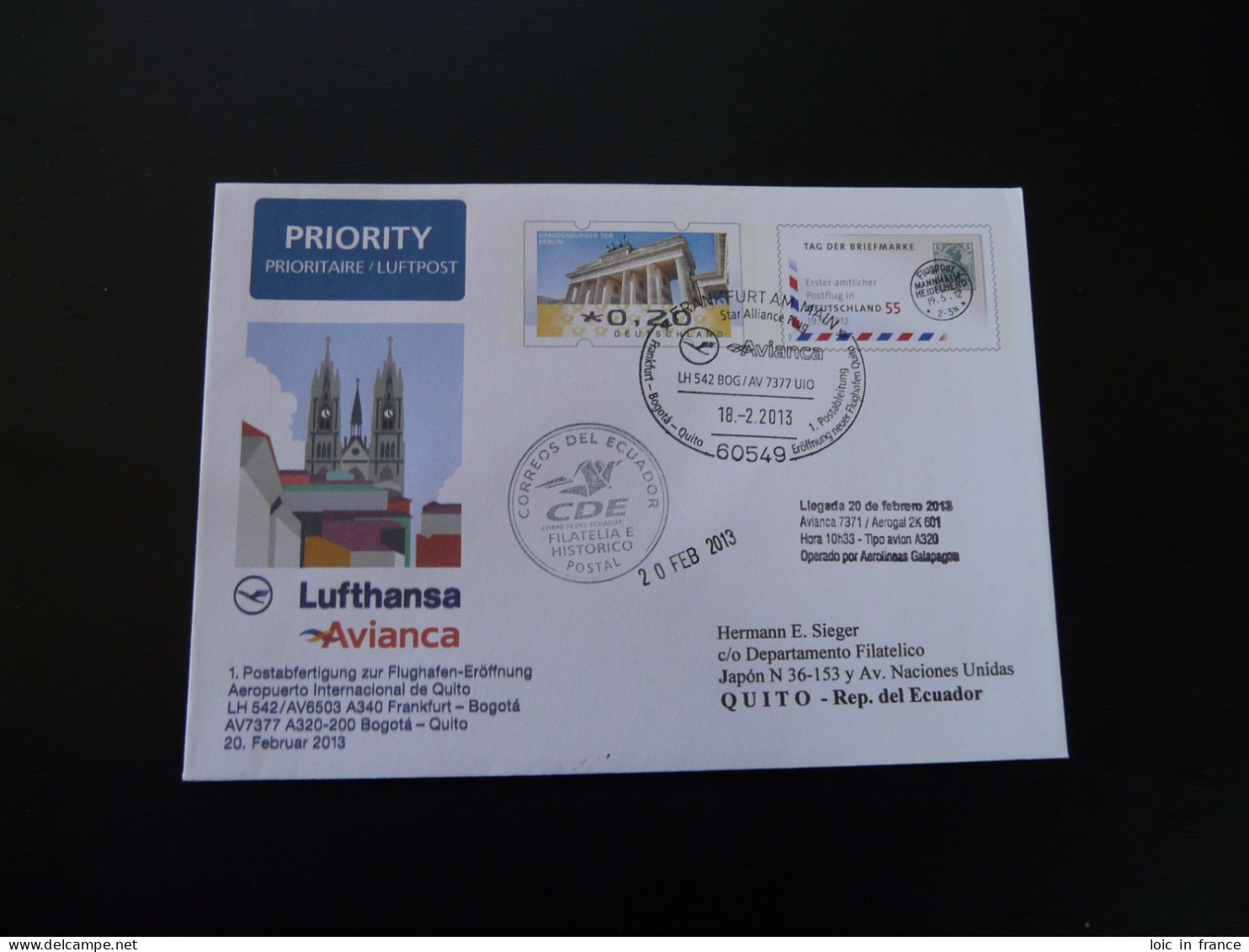 Lettre Premier Vol First Flight Cover Frankfurt To Quito Ecuador Airbus A320 Lufthansa 2013 - Privatumschläge - Gebraucht