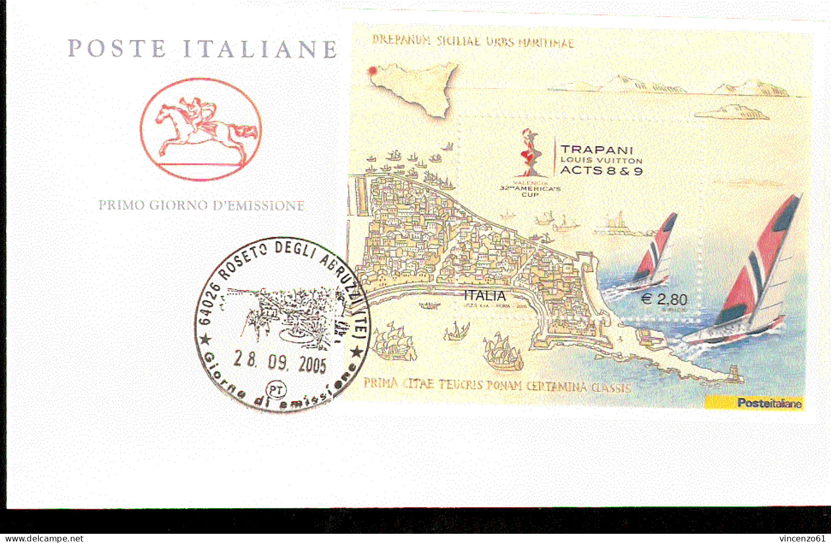 2005 ANNULLO FDC 32ª America's Cup ``TRAPANI - Louis Vuitton Acts 8 & 9’’, Trapani. Stampato In Foglietto. - Vela