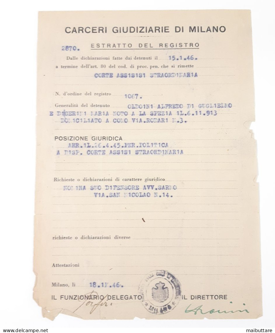 R.S.I. Documento Del 18 NOVEMBRE 1946 - Estratto Del Registro - Carceri Giudiziarie Di Milano Oldoini Alfredo - Documenti