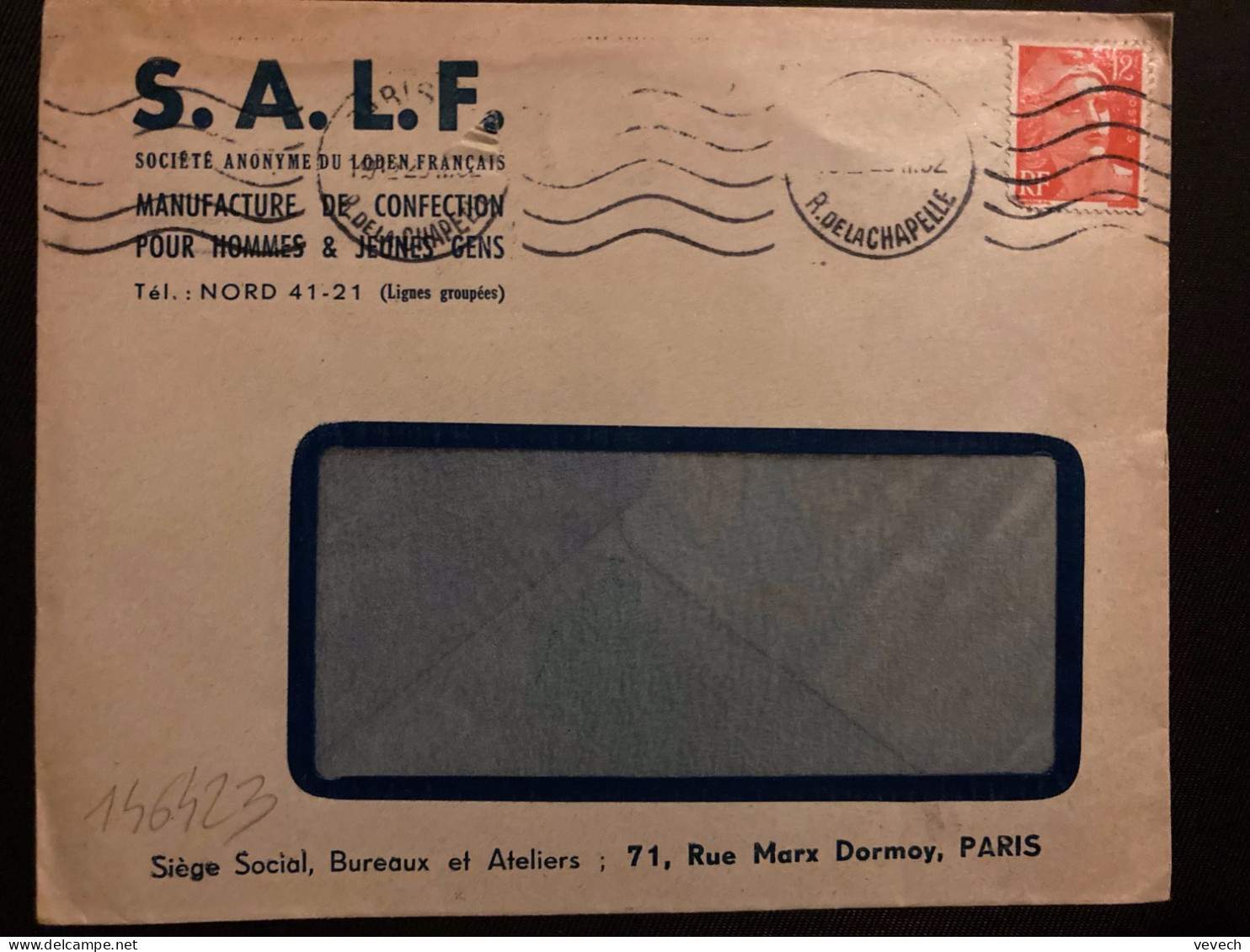 LETTRE SALF MANUFACTURE DE CONFECTION MANTEAU SALF FROID OU PLUIE TP M DE GANDON 12F OBL.MEC.25 III 52 PARIS 58 - Briefe U. Dokumente