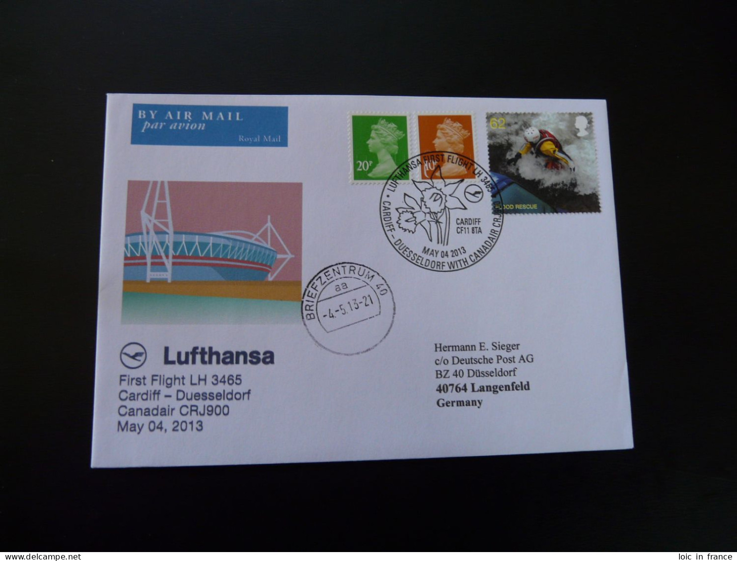 Lettre Premier Vol First Flight Cover Cardiff Dusseldorf Canadair CRJ900 Lufthansa 2013 - Lettres & Documents