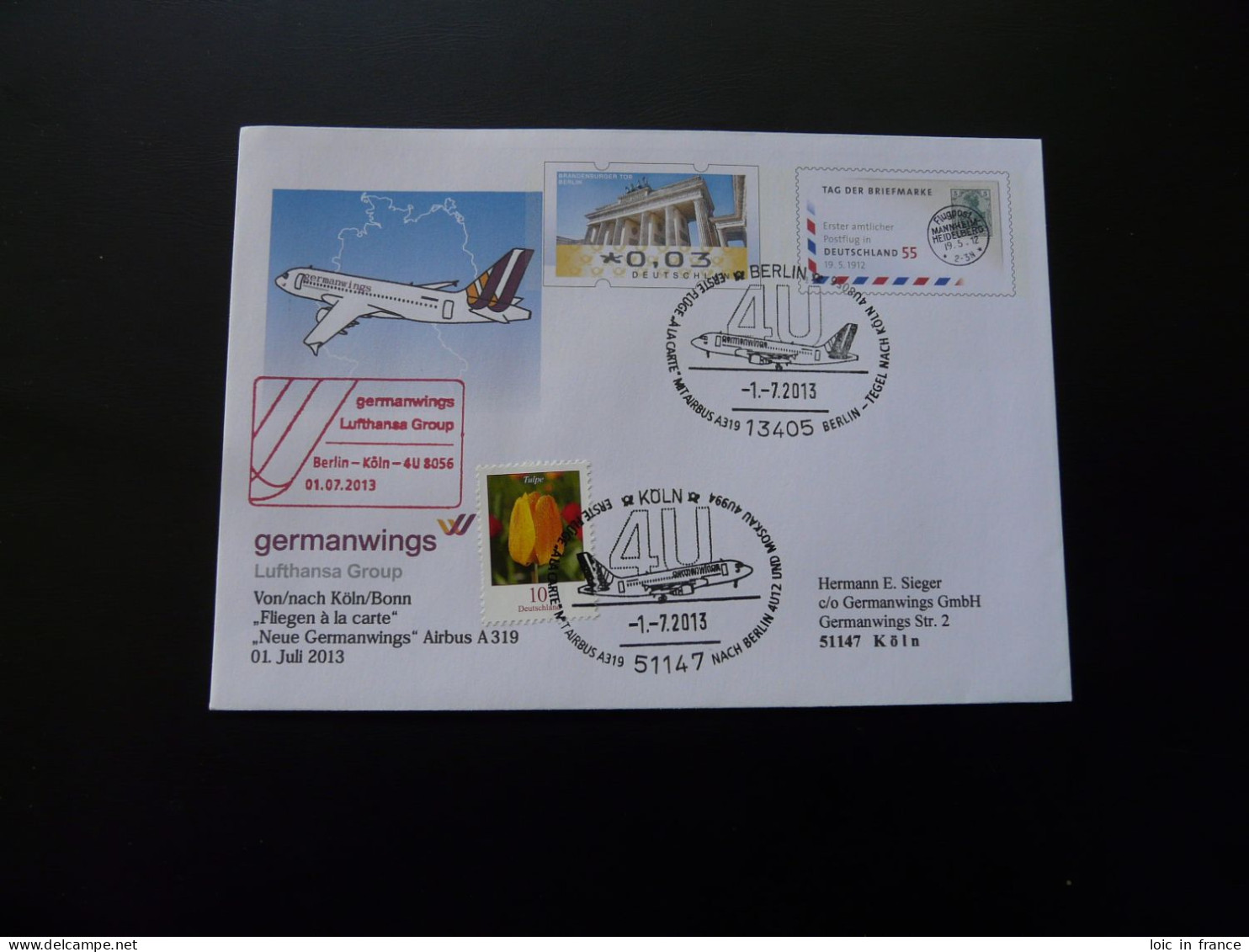 Lettre Premier Vol First Flight Cover Berlin Koln Airbus A319 Germanwings Lufthansa 2013 - Private Covers - Used